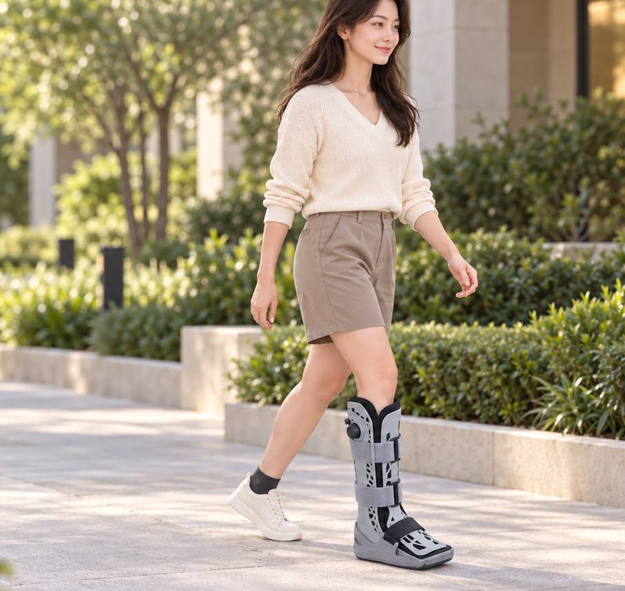 Walking outdoors in the AIROKEEPS walking boot and dedicated shoe